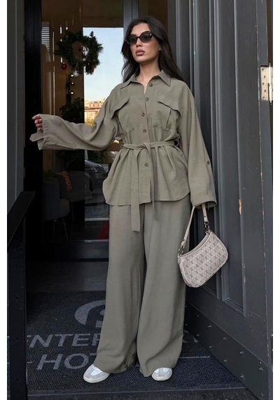 Seeh Haki Uzun Kollu Oversize Kadın Takım Sh338 Standart