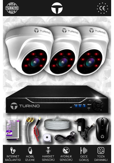 Turkno 3 Kameralı Domia 3 İç Kamera Set HDD'siz Full HD Gece Görüşlü Güvenlik Kamerası Sistemi