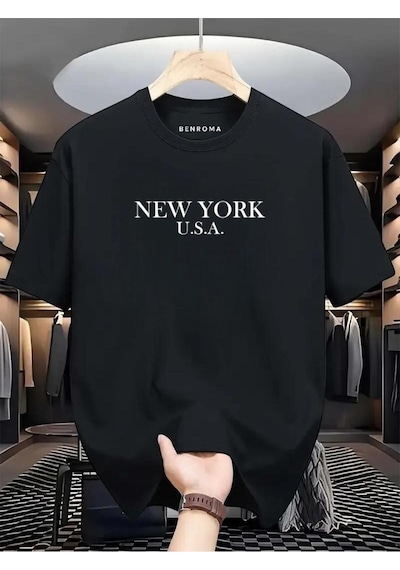New York Usa Baskılı Oversize Tişört SIYAH
