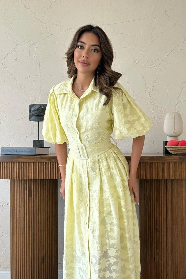 Drgy Giyim Sarı Kemerli Balon Kollu Elbise
