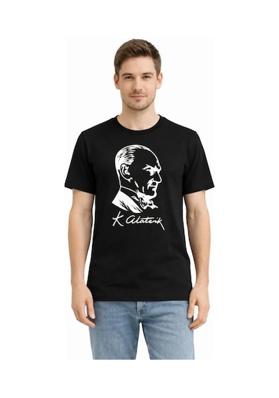 Hazego Erkek Atatürk Baskılı Tişört Kısa Kollu Bisiklet Yaka T-shirt - Siyah