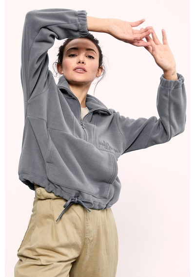 Tommy Life Gri Melanj Yarım Fermuar Etek Ucu Büzgülü Kadın Polar Oversize Sweatshirt - 97171 Gri Melanj