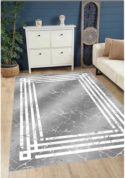 STY Home Gri Dijital Baskı Salon Halısı Kaymaz Tabanlı Yıkanabilir Halı Yolluk 536 Gri