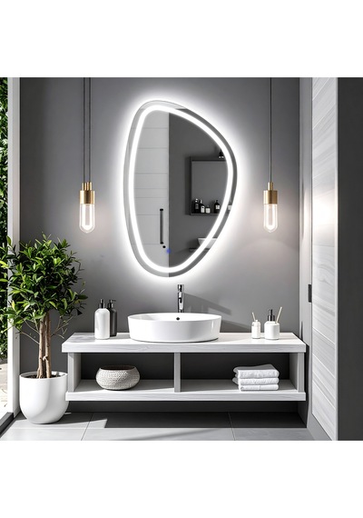 Diagonale Beyaz Led'li Kumlamalı Lavabo & Banyo Aynası Dokunmatik Sensörlü 100 X 65 Cm