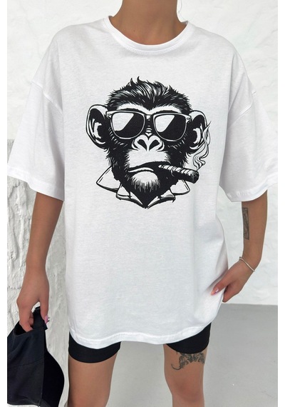 Technomonkey Unisex Beyaz Oversize Techno Maymun Baskılı Tişört