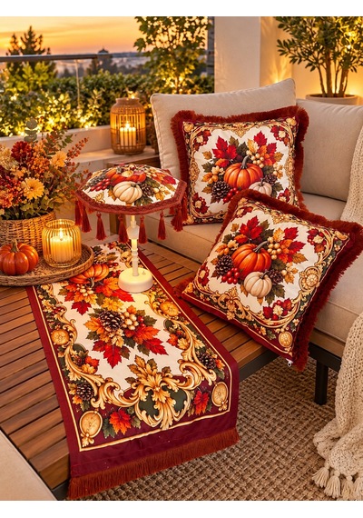 Missidea Autumn Luxury Desenli Dekoratif Masa Üstü Lambası Bali Şemsiyesi Seti Şemsiye + Runner + 2 Li Kırlent Kılıfı Çok Renkli