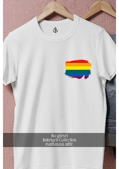 Oversize Lgbt Flag Painted Cep Tasarımlı Unisex T-shirt Beyaz