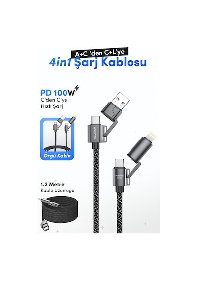 Fulltech Fc154 4 Ü 1 Arada Şarj Kablosu Pd 100w Type-c & Lightning Hızlı Şarj Kablo A+c To C+l, 1.2