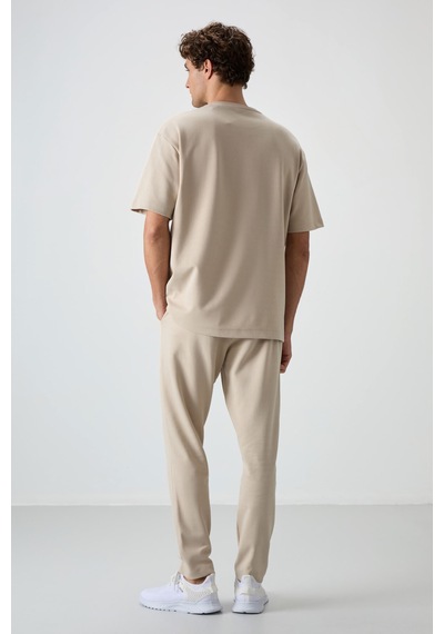 Tommy Life Bej Pamuklu Kalın Yumuşak Dokulu Oversize Fit Nakışlı Erkek Eşofman Takım - 85252 Bej