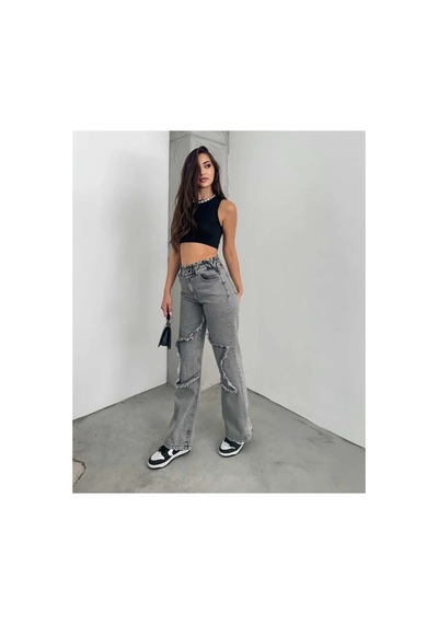 Kene Jeans Yüksek Bel Bacak Yıldızlı Bol Paça Jeans Kar Siyah