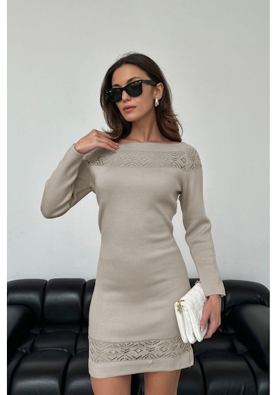 Aqe Fashion Kadın Kayık Yaka Yakası Dantel Detaylı Mint Triko Elbise Taş