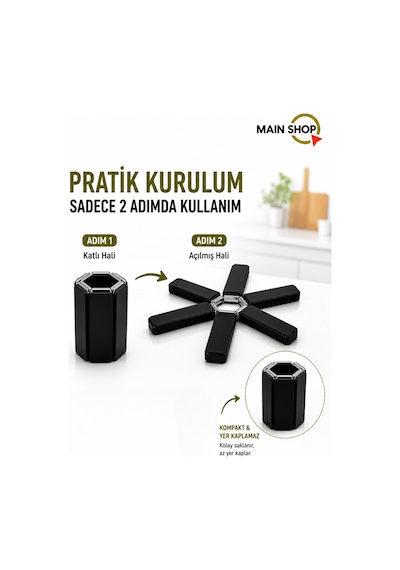 Mainshop 3'lü Set Katlanabilir Nihale - Isıya Dayanıklı Pratik Tencere Altlığı - Dirençli Siyah M-021