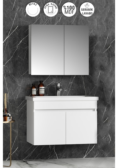 Çiğdem 80 Cm Beyaz Mdf Seramik Lavabolu Asma Banyo Dolabı Takımı Beyaz