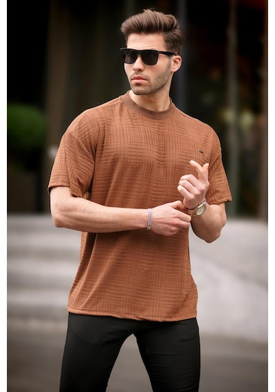 Madmext Kahverengi Oversize Bisiklet Yaka Erkek Tişört 6191-kahverengi Kahverengi