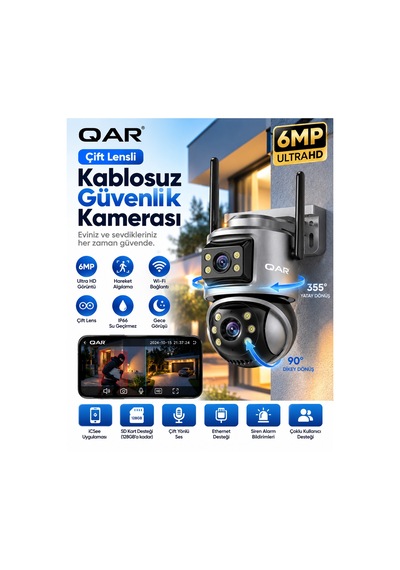 Wifi Akıllı Güvenlik Kamerası Çift Lensli Döner Başlıklı Uzaktan Canlı İzleme Telefon Kontrollü Ip Kamera Gece Görüşlü İç/dış Mekan