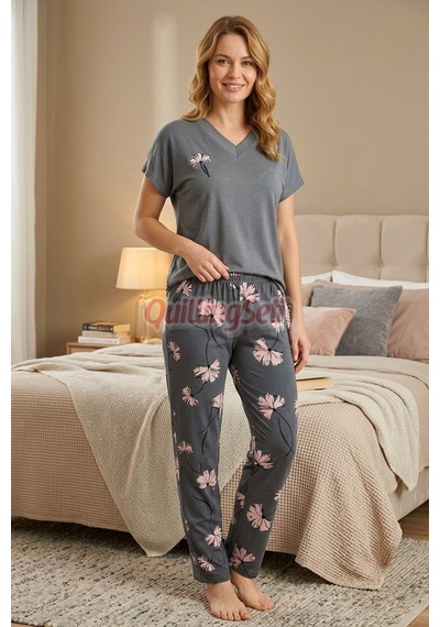 Lady Gri Renk, Çiçek Desenli 12682 Pamuklu Viskon Kumaş Kısa Kol Anne Pijama Takımı Gri - Pembe