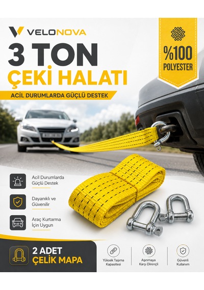 3 Ton Sarı Çekme Halatı 3 Metre 5 Cm Genişlik 2 Adet Çelik Mapa Dahil %100 Polyester Araç Kurtarma Halatı