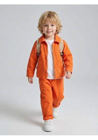 Zekids Erkek Çocuk Fermuarlı Ceket Ve Pantolon İkili Takım-17095 Turuncu