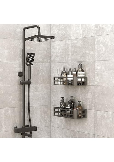 2&apos Li Set Siyah Yapışkanlı Banyo Duş Rafı - 27x12 Cm Matkapsız Montaj Şampuanlık Ve Mutfak Baharatlık Organizeri