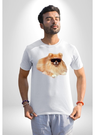 Pomernian Köpek Unisex Unisex Beyaz Organik Baskılı T-shirt Penye Yüksek Kalite Beyaz