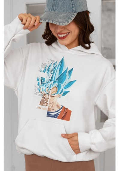 Sevbano Son Goku Dragon Ball Baskılı Unisex Oversize Anime Karakter Hoodi beyaz
