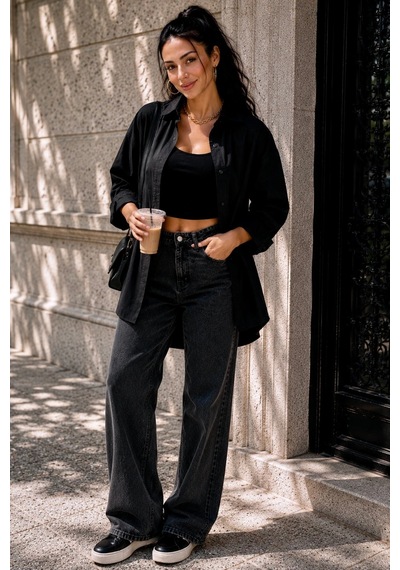 Bb Butik Basic Kadın Oversize Poplin Gömlek Uzun Kollu Basic Gömlek Tr0735 siyah