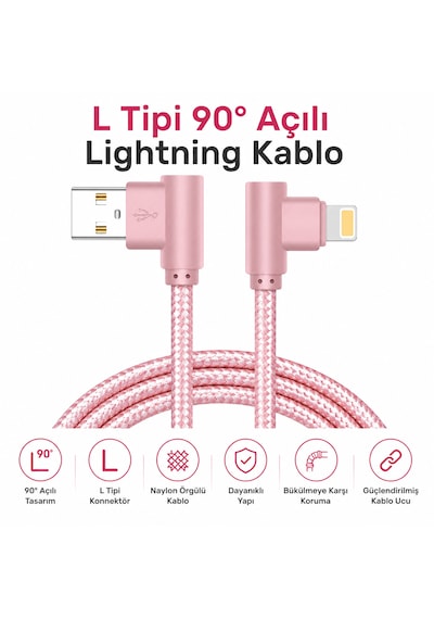 L Tipi 90 Açılı Lightning Şarj Kablosu İphone Uyumlu Naylon Örgülü Dayanıklı Kablo -