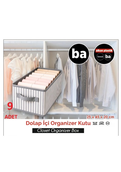 9 Adet Dolap İçi Organizer Kutu Düzenleyici Tutma Kulplu Organizer Saklama Hurç No10- Ba041- 9 Adet Gri