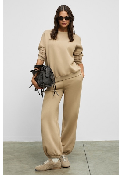 ETHIQUET CARICA Kadın Organik Pamuklu İçi Polarlı Oversize Fit Bel Ve Paça astikli Kordonlu Bej Alt-Üst Takım
