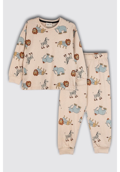 Zuzunga Sevimli Animal Aslan-zebra-fil Desenli %100 Pamuk Çocuk Pijama Takımı Ekru