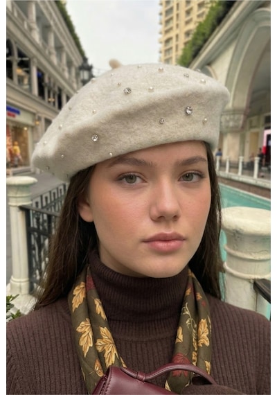 Mollycrush Kadın Ekru Pırlanta Taşlı Yün Ressam Bere Kışlık Şık Tasarım Fransız Tarzı Şapka Beyaz