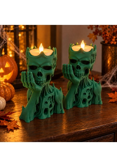 2 Adet Kurukafa Ve İskelet Figürlü Led Tealight Mumluk 11 X 7 Cm 3d Baskı Cadılar Bayramı Dekoru Yeşil