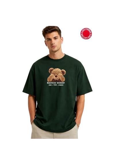 Suprise Bear Baskılı Neftı Oversize Tişört - %100 Pamuk Yeşil