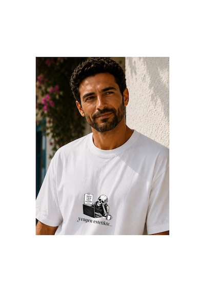 Qmen Style Unisex Beyaz Oversize Baskılı T-shirt Espirili Yengen Estetikte Baskılı %100 Pamuk