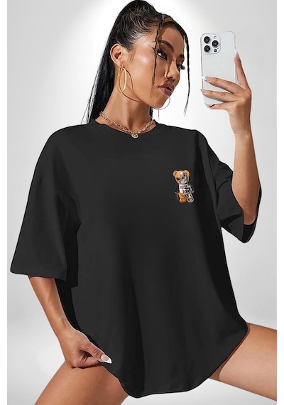 Robot Ayı Güneş Gözlüğü Siyah Oversize Unisex Ön Sol Yan Minimal Baskılı Tişört Koyu Siyah