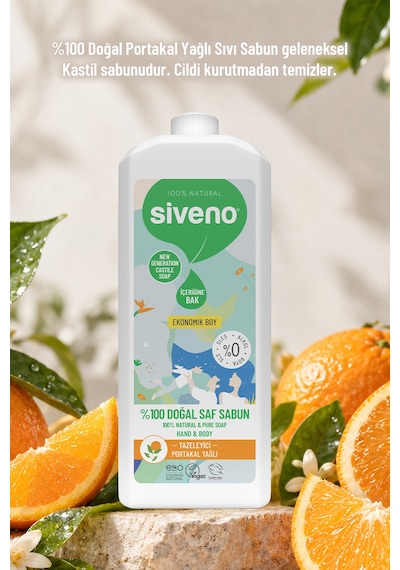 Siveno %100 Doğal Sıvı Kastil Sabun Portakal Yağlı Tazeleyici Nemlendirici Bitkisel Vegan 1 L
