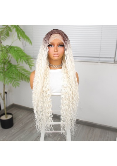 Afro Dalga Kumral Beyaz Platin Ombre Fiber Sentetik Tül Peruk - Grsy-582343 Renkli