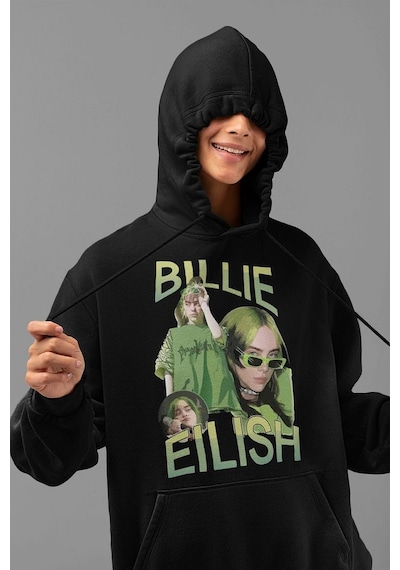 Billie Eilish Baskılı Unisex Oversize Şarkıcı Hoodie Siyah