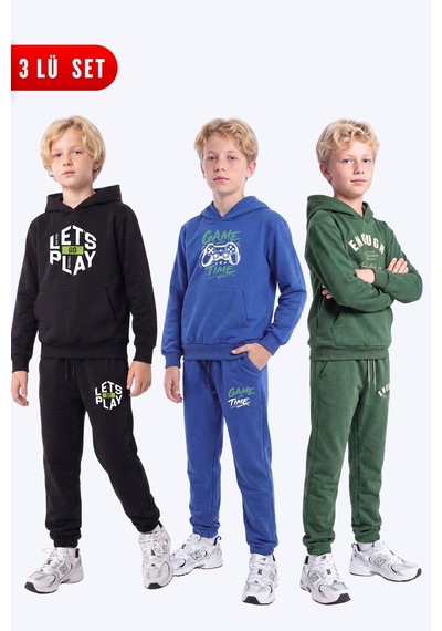 Fyk Kids Erkek Çocuk 3'lü Baskılı Kanguru Cepli Kapüşonlu Eşofman Takımı Siyah-sax-haki Fyk Kids Erkek Çocuk 3'lü Baskılı Kanguru Cepli Kapüşonlu Eşofman Takımı Siyah-sax-haki