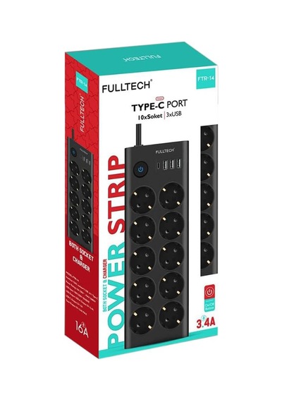 Fulltech Ftr14 Type-c Girişli Akım Korumalı 10 Lu Priz, 3 Usb 0