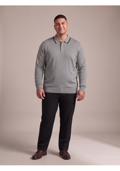 Maccali Erkek Gri Büyük Beden Gizli Fermuarlı Polo Yaka Triko Sweatshirt