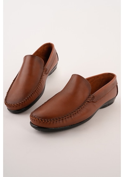 Muggo Wills Hakiki Deri Bağcıksız Erkek Günlük Klasik Loafer Ayakkabı Taba
