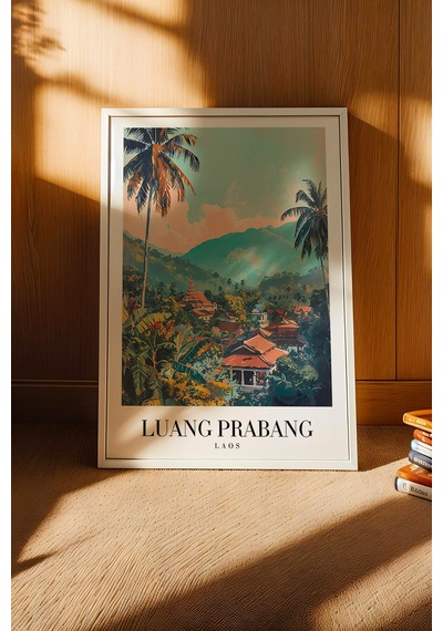 Luang Prabang Laos Vintage Seyahat Posteri Çerçeveli Tablo - Premium Egzotik Doğa Duvar Dekoru Beyaz