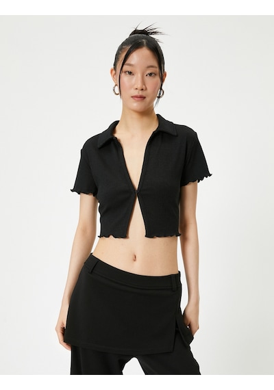 Koton Crop Polo Tişört Kısa Kollu Slim Fit Siyah 4sal10802ık Siyah