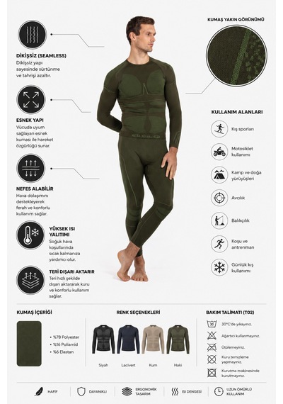 Oıl Company Unisex Hafif Kumaş Yüksek Isı Korumalı Termal İçlik Uzun Kollu Üst Haki Haki-01
