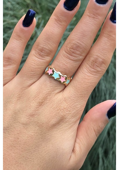 Niki Aksesuar Mineli Pembe-mint Yeşili Yıldızlı Ayarlanabilir Altın Yüzük Pembe - Mint Yeşili
