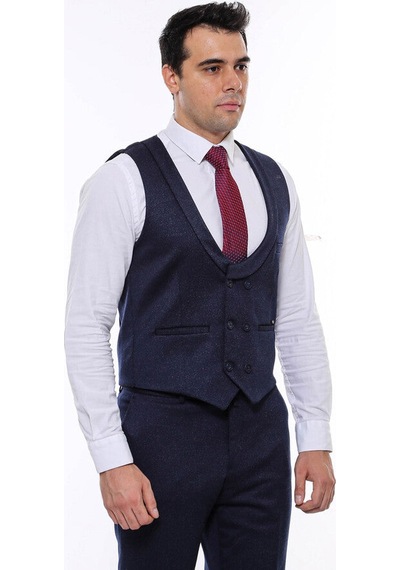 Desenli Kruvaze Koyu Lacivert Erkek Yelek Pantolon Set - Wessi