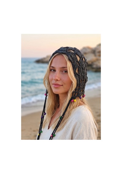 Kervan Pazarı Kadın İthal El Örgüsü Bohem Tarzı Çiçek Motifli Uzun Boncuklu Saç Filesi Bandana Siyah