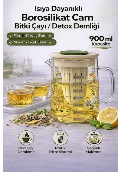 Isıya Dayanıklı Borosilikat Cam Bitki Çayı Ve Detox Demliği,süzgeçli,ölçekli,kulplu Sürahi,900 Ml Diğer