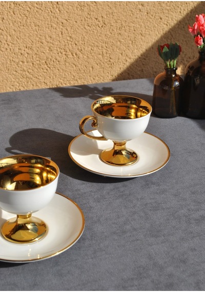 2 Kişilik Porselen Altın Yaldızlı Ayaklı Kahve Fincan Takımı 90 Ml Gold Kahve Fincanı